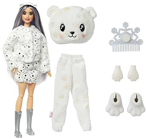 Barbie HJL64 - Cutie Reveal Winter Schneeflocken Serie-Puppe mit Polarbär-Plüschkostüm und 10 Überraschungen inklusive kleinem Haustier und Farbwechsel, Geschenk für Kinder ab 3 Jahren