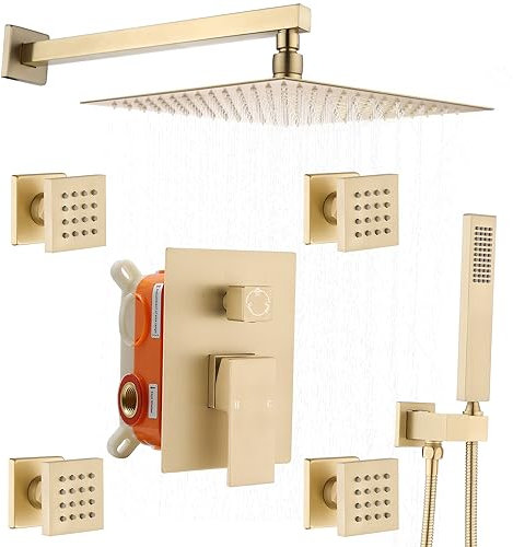 Brushed Gold Rain Massage Shower System - Full Body Shower System with Body Sprays - 12inch Rainfall Faucet with Handheld Full Set