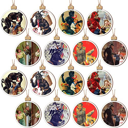 16 Pieces Christmas Wooden Ornaments Vintage German Devil Pendant Round Centerpieces Discs Beast and Kids Christmas Tree Hanging Decorations for Indoor Outdoor, 8 Styles