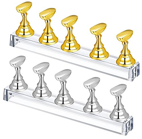 2 Sets Fingernail DIY Nail Art Stand, Magnetic Stuck Crystal Nail Art Holder, Training Fingernail Display Stands, Nail Art Practice Stands for False Nail Manicure Tool (Gold and Silver)
