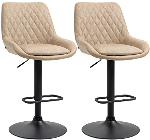 HOMCOM Breakfast Bar Stools Set of 2 with 51x40cm Wide Seat, Height Adjustable Kitchen Counter Chairs, Retro Swivel Upholstered Barstools with Back, Footrest and Steel Base, Light Khaki