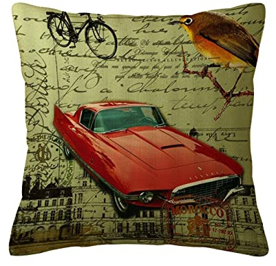 Kissenbezüge aus Baumwollleinen,Retro Auto nostalgische Ära Oldtimer Fahrrad Vogel Marokko Siegel Briefpapier Hintergrund, Quadratischer Kissenbezug Home Sofa Dekoration Kissenbezug 18 x 18
