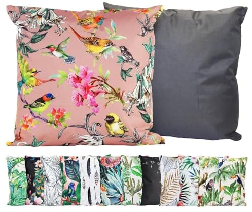 JACK Outdoor Motiv Kissen 45x45cm Lounge Dekokissen inkl. Füllung Wasserabweisend Sitzkissen Garten Stuhl, Farbe:Vögel Rosa