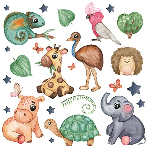 WandSticker4U®- Wandtattoo Kinderzimmer BABY TIERE (78x57 cm) I Wandsticker Baby Elefant Giraffe Igel Strauß Sterne Safari I Wand Deko Mädchen & Junge Möbel Aufkleber