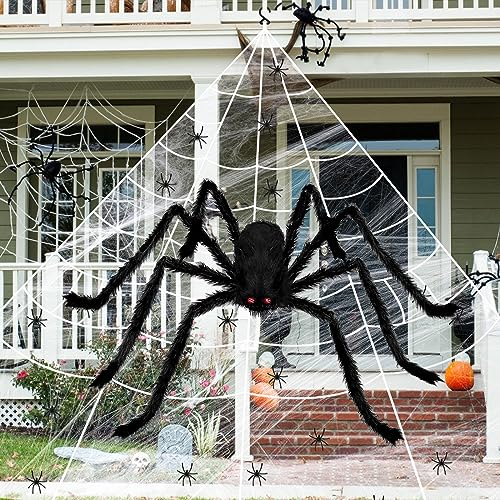 Timiyou Halloween Deko Outdoor Spinnennetz Dekoration Set,Riesen &1Stück 59 Zoll Riesenspinne mit 20 Mini Spinnen, Haken, Stretch-Netz, Erdspießen für Garten Party, Schwarz