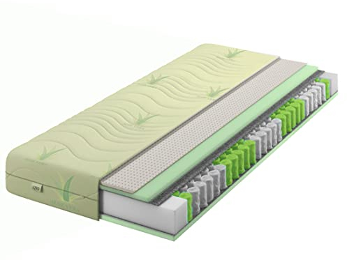 IZER Aloe Vera Taschenfederkernmatratze Latex 140x200 x 22 cm Härtegrad H3 H2, Bezug Waschbar, 7-Zonen Federkernmatratze