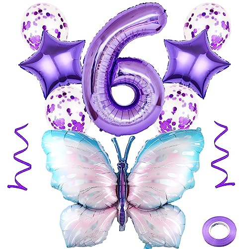 Weenkeey 6 Jahre Schmetterling Geburtstag Deko Große Bunt Schmetterling Folienballon 6. Geburtstag Schmetterling Luftballon Lila Zahl 6 Luftballon für Mädchen Geburtstag Party