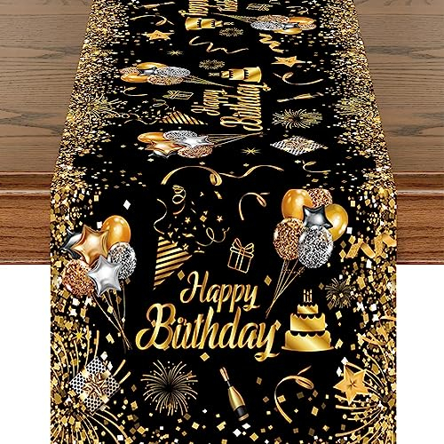 Schwarz Gold Geburtstag Tischläufer, Geburtstag Dekoration, Geburtstag Waschbar Tischband, Männer Frauen Happy Birthday Tischdecke für Drinnen und Draußen Familienessen Tischdekoration, 35x185cm