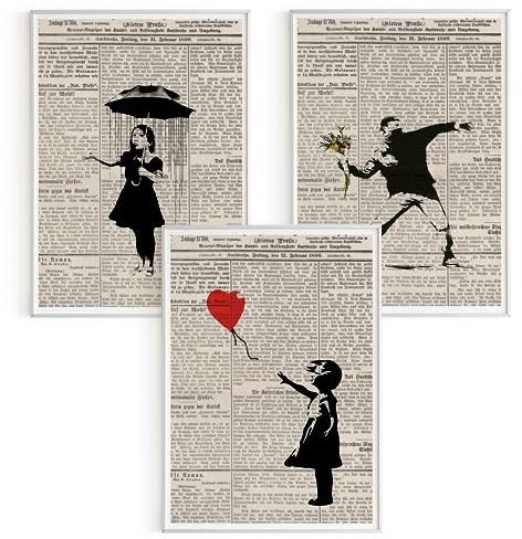 Bilder-Set: 3 x DIN A5 (15x21) Premium Posterpapier - Banksy, Mädchen im Regen; Mädchen mit Luftballon; Blumenwerfer vor Vintage-Zeitungspapier, Kunstdruck ohne Rahmen, Wandbild, Bilderwand - A4, A..