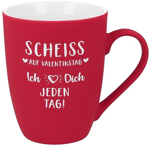 Spruchreif | Soft-Touch Tasse Rot Scheiß auf Valentinstag – ich liebe mich selbst! – Beidseitig gravierte Tasse mit frechem Spruch | Lustiges Geschenk für Singles & Selbstliebende