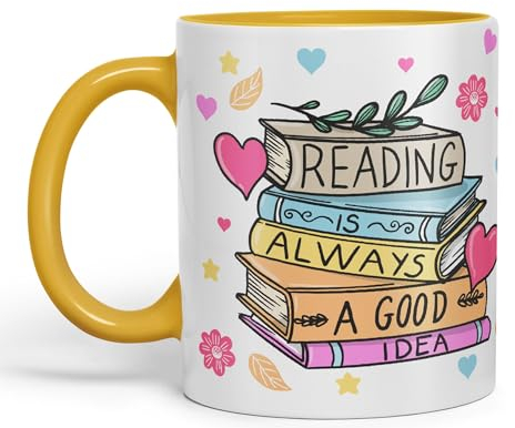 Vixar Reading is Always a Good Idea Book Reader Gift Presents Coloured Ceramic Mug Cup Gift 330ml 11oz Work Office Tea Coffee (G Yellow)