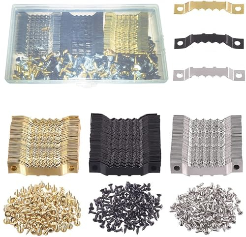 MaehSab Sägezahn-Bilderaufhänger, 150 Stück, Gold/Schwarz/Silber, Metall-Sägezahn-Aufhänger, Haken mit 300 Schrauben, für Bilderrahmen, Malerei, Fotos, Kunstwerke, Uhr, Heimdekoration, 150 Stück