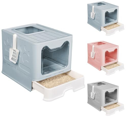 Caja de arena para gatos completamente cerrada con tapa, tipo de cajón, desodorizante, grande, plegable, con pala de plástico para mascotas (azul, 51 x 41 x 38 cm)