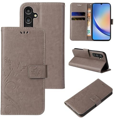 LBH Handy Hülle für Samsung Galaxy A15 / A15 5G Case Handytasche Schmetterling Blumen Flower Standfunktion Schutzhülle Magnet Rundum Schutz 360 Grad Flipcase Cover Grau