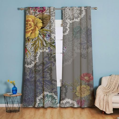 Tokusyou Boho Gardinen Blumen Vorhang Blickdicht Vintage Landhausstil Gelb Vorhänge mit Ösen Blätter Muster Dekoschal Verdunkelung 2er Set Curtains für Wohnzimmer Fenster,H 245 x B 132cm
