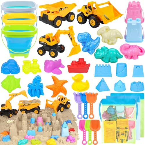 FHOZGECY Beach Toys, Sand Toys for Kids Boys and Girls with 3 Construction Vehicles, 3 Collapsible Bucket, Sand Castle Building Kit, Sand Molds, Mesh Bag, Outdoor Toys for Kids Ages 4-8