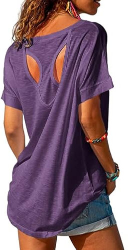 Fisoew Sportshirt Damen Fitness Kurzarm Yoga T-Shirt Leicht Gym Sport Oberteile Locker(Lila, S)