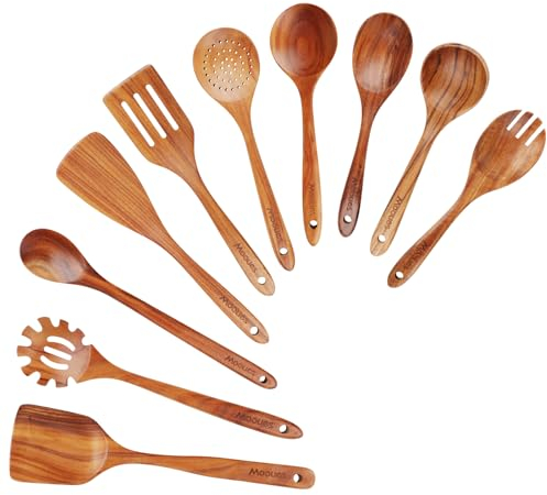 Mooues Cucharas de madera para cocinar, utensilios de madera para cocinar de teca natural, juego de utensilios de cocina de agarre cómodo (juego de 10 piezas)
