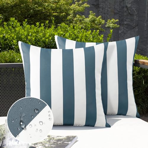 Ohok Wasserdicht Streifen Kissenbezug, 2er Set Dekorativ Outdoor Kissenhülle Deko Sofakissen Couchkissen Zierkissenbezüge für Sofa Wohnzimmer Balkon Garten Auto (Blau, 45x45 cm)