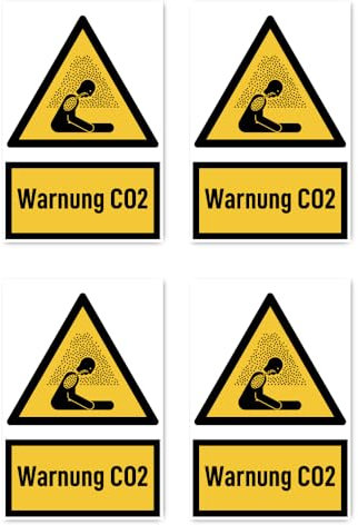 Aufkleber: 150x100 mm, 4 Stück - Warnung CO2 - Warnzeichen mit Text (deutsch) (gelb/schwarz) - hochkant - W041 - DIN EN ISO 7010 / ASR A1.3