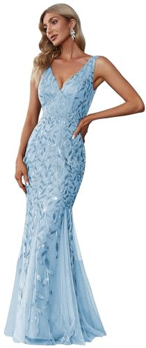 Ever-Pretty Damen Abendkleid Meerjungfrau Pailletten Tüll V Ausschnitt lang Himmelblau 38