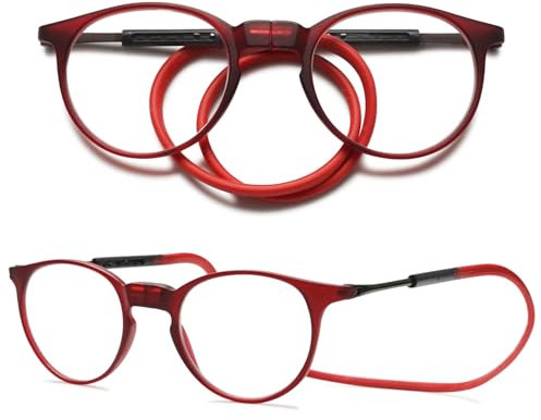 VEVESMUNDO Runde Magnetische Lesebrillen um den Hals Klemmen Leicht Damen Herren Magnetverschluss Lesehilfe Brillen mit Magnet (1 Stück Grau&Rot, +2.5)