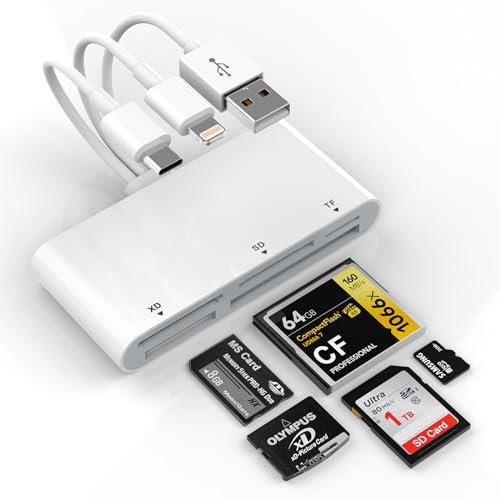 Lettore di schede di memoria 5 in 1, adattatore Lightning tipo C USB A per SD/TF/CF/Micro SD/XD/MS, lettore di schede OTG ad alta velocità per iPhone/iPad/Android/MacBook/PC
