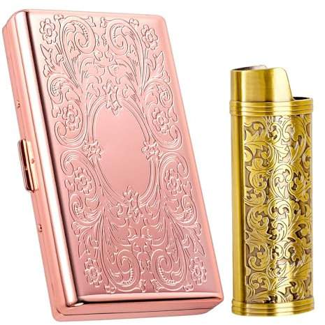 Étui à cigarettes vintage en métal, avec étui à briquet, capacité 12 cigarettes 100 mm, rangement cartes RFID et argent (Rose, 12pcs 100's)