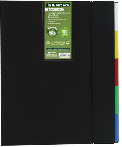 Grafoplás | Classeur à pochettes amovibles A4 In&Out Eco | 30 pochettes extra recyclées 70% | Couvertures rigides recyclées 100% | Changement de pochettes rapide et pratique | Comprend 5 séparateurs