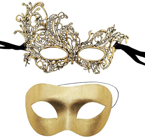 Masquerade Masks for Couples - 2 Pack Venetian Classic Ball Masks for Halloween, Cosplay, Carnival - Men and Women (Gold)