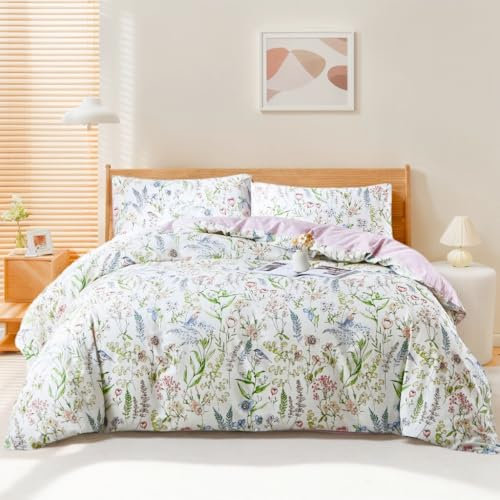 Nayoroom Bettwäsche Baumwolle 200x220 Rosa Blumen Weiß Bettbezug Set 3 Teilig Grün Blätter Aesthetic Cute Mädchen Pflanzen Romantisch Wendebettwäsche mit Reißverschluss und 2 Kissenbezüge 80x80 cm