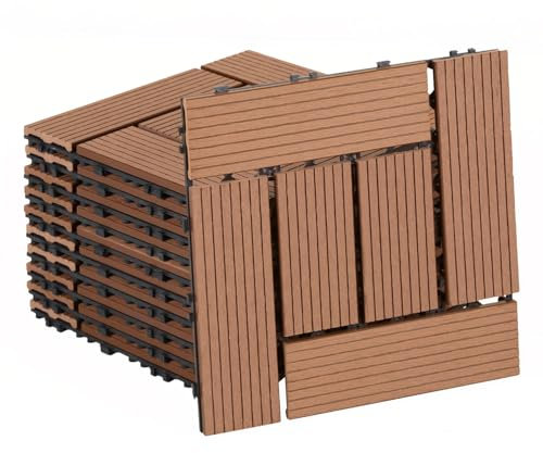 Fiqops 22 Stück WPC Terrassenfliesen, 30x30 cm Balkon Bodenfliese,WPC Fliesen mit Klick-System,Balkonfliesen in Holzoptik,Terrassendielen Wasserfest für Terrasse,für 2m²,Braun