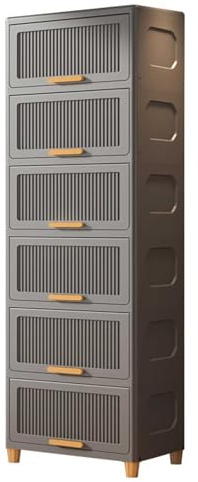 Wardrobe Storage Organizer With Wooden Handle Door,6 Tiers Plastic Stackable Storage Cabinet With Flip Type Doors And Legs For Snacks Toys Toiletries Clothes Kitchen Living Room Furniture Grey