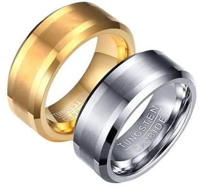 Lirzxin Wolfram Ring Partnerringe, Eheringe für Frauen Männer Verlobungsringe Paar Rund 8MM Matt Gebürstet und Poliert mit Gravur Silber Gold Damen Größe 65 (20.7) & Herren Gr. 67 (21.3)