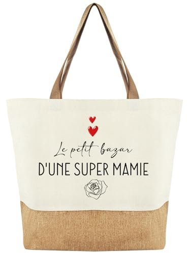 Tarklanda Sac Mamie Cabas de Plage Courses Coton et Toile de Jute pour Grand-Mère, Cadeau pour Mamie, Anniversaire, Fête des Mères