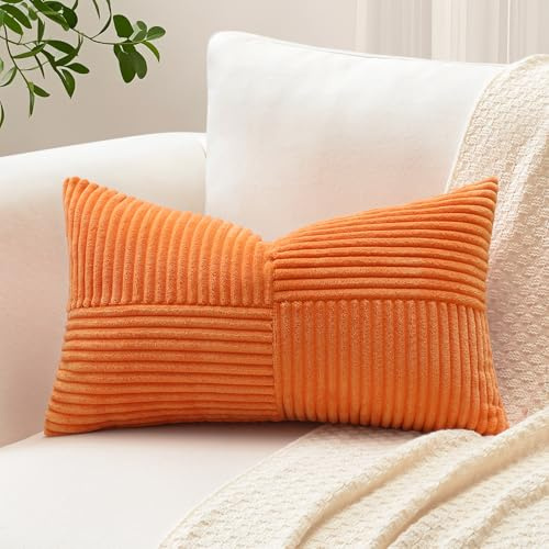 Sungeek 1 Stück Cord Kissenbezug, Kreuz Streifen Muster Kordsamt Kissenbezüge Sofakissen Dekokissen Patchwork Design Deko Zierkissenbezüge Kissenhülle für Wohnzimmer (30x50cm, Orange)