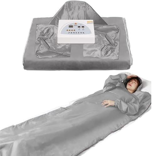 SULQING Couverture de Sauna Infrarouge, Couverture de Sauna 2 Zones Infrared Sauna Blanket Couverture Chauffante avec Télécommande, Chapeau avec Manches, Argent