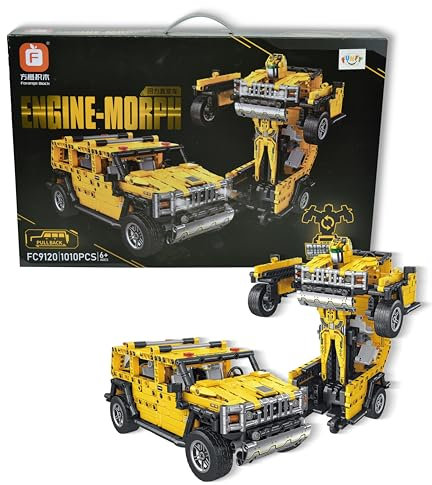 FUNFY 1010 Pcs 2-in-1 Pull Back Auto und Transformer Bauklötze Spielzeug | Gelb | ABS-Kunststoff | Diese Verformung Auto Werden Transformer Figur Action-Figur