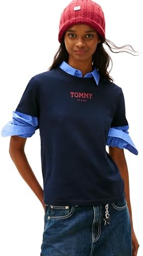 Tommy Jeans Damen T-Shirt Kurzarm Regular Essential mit Rundhalsausschnitt, Blau (Dark Night Navy), M