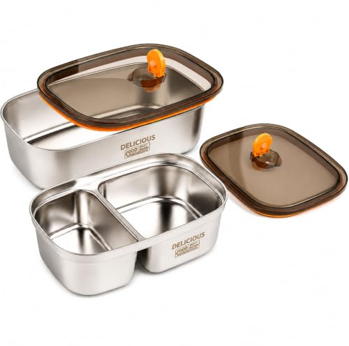 BAASTEEN Edelstahl Brotdose 2er Set, 1700 ml + 1200 ml, Lunchbox auslaufsicher, Bento Box mit 1 Fach & 2 Fächern, BPA-frei, Brotdose für Kinder und Erwachsene, Schule, Büro, Picknick