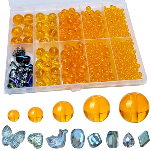 FAPUMOE 476 Stück orange runde Kristallglasperlen (4/6/8/10/12 mm) mit 8 charmanten Anhängern für die Schmuckherstellung - Glas-Abstandperlen (lose) für Bastelarbeiten, Armbänder