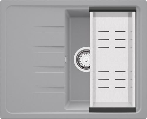 PRIMAGRAN Fregadero Cocina Gris 62x50cm, Granito 1 Seno + Sifón, Sobre encimera al mueble 40cm - Milano S086