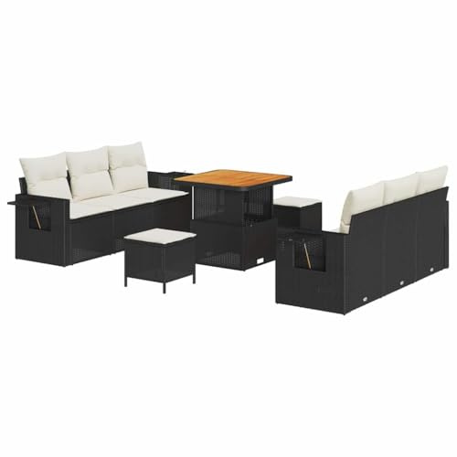 vidaXL 9-teiliges Garten-Sofa-Set mit Kissen in Schwarz und Creme-Weiß aus Poly-Rattan. Verstellbares Outdoor-Möbel mit 5 Sitzen im modernen Stil für den Garten, die Terrasse oder den Balkon.