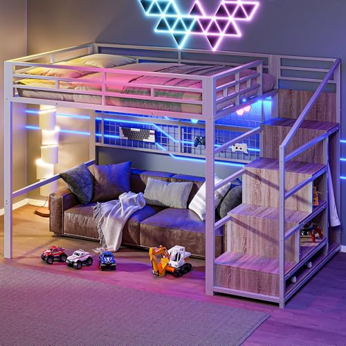 Etagenbett Hochbett 140x200 mit Großem Stauraum & LED Light, Metallbett mit Kleiderschrank & Stauraumleiter & Hanging Grid, Kinderbett Jugendbett Doppelbett mit Rausfallschutz, Ohne Matratze, Weiß