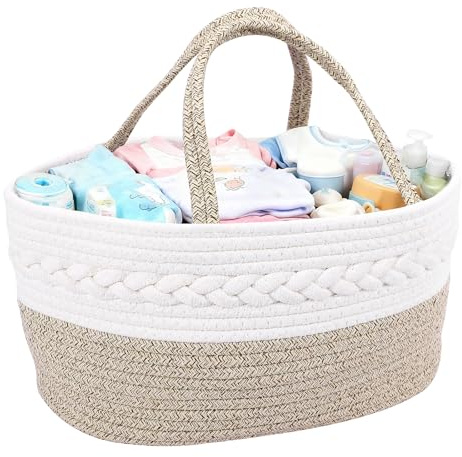 Zorplex Cesta Organizadora para Bebé, Canasta Porta Pañales de Cuerda de Algodón con Asas, Organizador Portátil para Cambiador, Accesorios de Recién Nacido y Regalo de Nacimiento