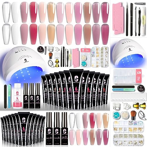 Clara Colors Poly Gel Nail Kit, 12 Colors Clear Jelly Nude Pink Poly Extension Gel Nail Kit with Lamp All In One Polygel Nail Kit Starter Kit and Tools for Nail Art DIY with Everything