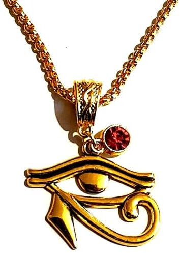 Royal Swan Personalised, Egyptian, Gold Tone Eye Of Horus Necklace on a 58cm Gold Tone Stainless Steel Box Chain, with Crystal Birthstone in a Velvet Gift Bag. Eye of Ra Jewelry.