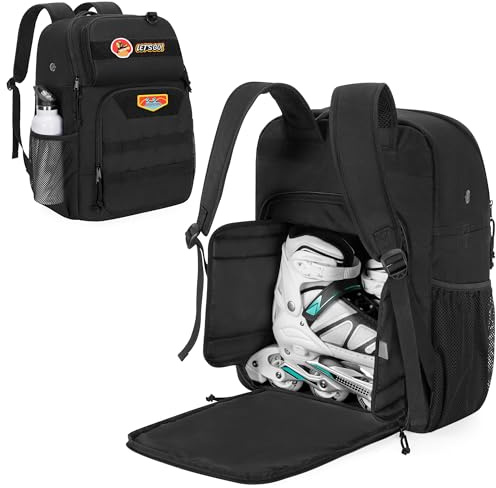 GOBUROS Bolsa para Patines, Apta para Tallas de Calzado de Hombre hasta la 13 de EE. UU., Mochila para Patines con múltiples Bolsillos para Accesorios, Bolsa para Patines en línea, Color Negro