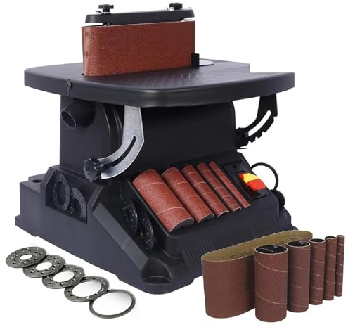 Ponceuse à Broche oscillante Verticale 450 W et Ponceuse à Bande, Machine combinée for Le Travail du Bois avec 5 Manchons de ponçage, Table inclinable à Bande de 0 à 45°, for Le ponçage de Courbes
