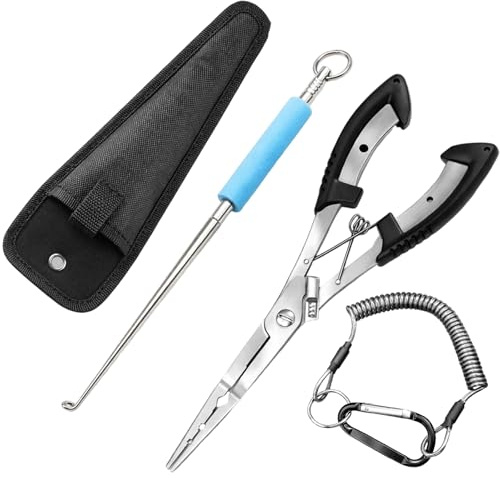 21cm Long Nose Fishing Pliers Set - Stainless Steel Pike Fishing Accessories with Hook Remover, Lanyard & Sheath - Multi Function Fishing Scissors & Forceps for Fishing